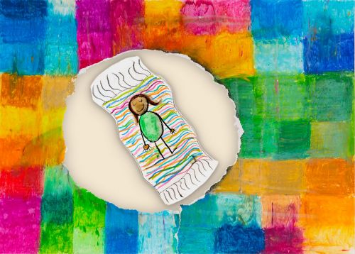 Ein mit bunten Quadraten bemaltes Bild mit runder Öffnung, in dem ein mit buntstiften bemaltes Bild einer Frau liegt